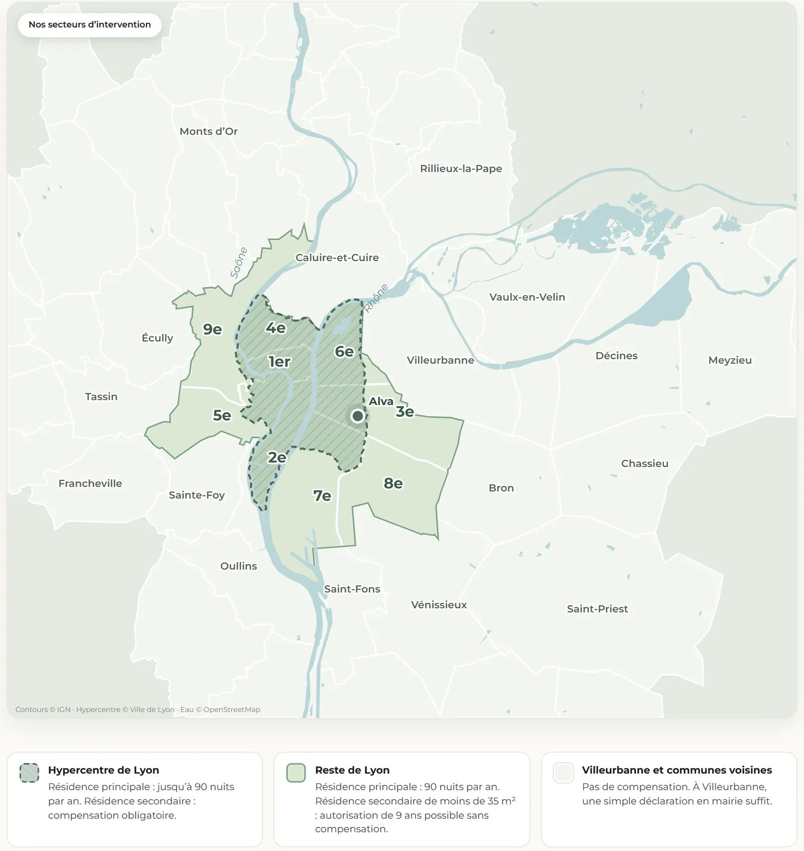Carte de l’hypercentre de Lyon et des règles de location meublée touristique par zone : hypercentre, reste de Lyon, Villeurbanne et communes voisines